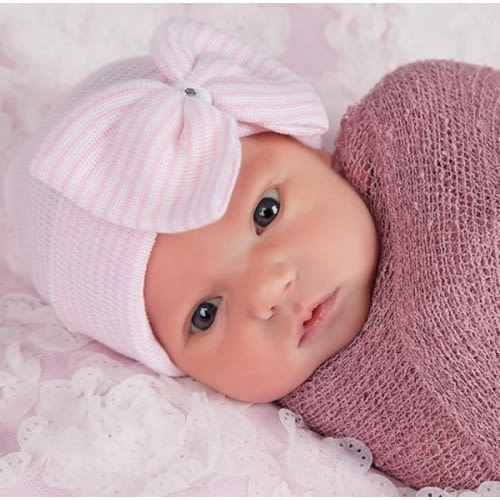 ilybean Pink and White Striped Big Bow Newborn Girl Hospital Hat - ilybean nursery beanies
