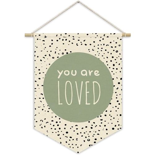 Green Nursery Decor,Sage Green Inspirational Canvas Banner, Classroom Decor You Are Loved Playroom Kids Room Wall Decor,Homeschool Toddler Bedroom Decor Canvas Hanging Pennant Flag Banner