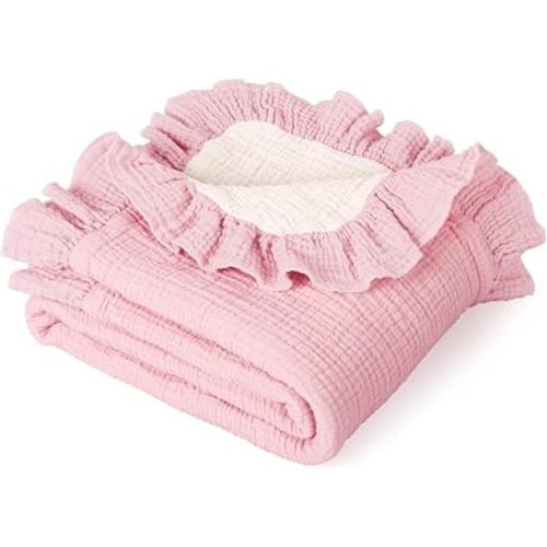 lulumoon Muslin Baby Blanket for Girls: 100% Cotton Ruffle Swaddle Blanket