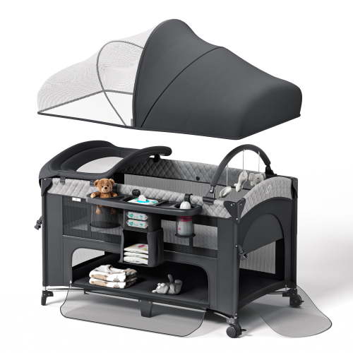 Babyomi Newborn 4-in-1 Bassinet, Diaper Changer, Adjustable Bedside Crib Sleeper, Pack and Play, Black