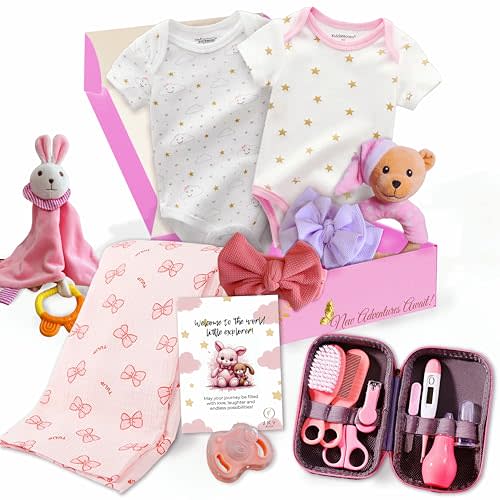 Sky Bliss 18pc Gift Set, Baby Grooming kit, Baby Clothes, Baby Rattle, Baby Blanket, Swaddle, Pacifier, Gifts for New Baby Girl, Newborn Essentials, Baby Gift Set (Grooming Kit), Gift for New mom.