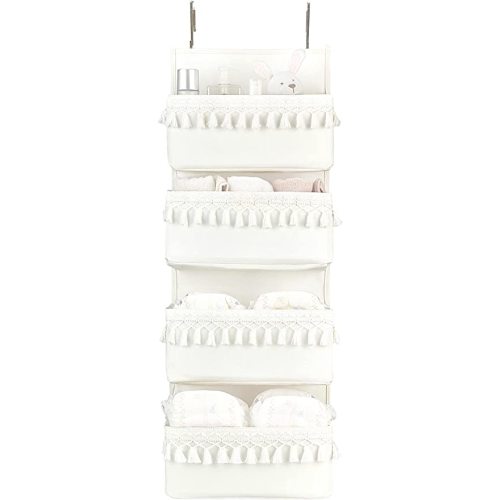 Dahey Over The Door Organizer Boho Nursery Storage Decor Closet Hanging Organizer with Tassels Decoration for Bedroom Nursery Bathroom Apartments Dorm Pantry, 4 Pockets, White - Medium