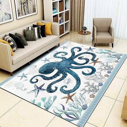 Octopus Blue Ocean Seaweed Area Rug,5x7ft, 3D Colorful Ocean Animal Theme Area Rugs,Non-Slip Soft Bedroom Carpets, Stain Resistant Carpet for Kids Boys Girls Teens Ocean Themed Room Decor