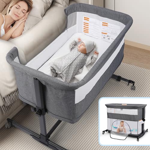 Xilingol 5 in 1 Baby Bassinet Bedside Sleeper, Portable Pack and Play with Carrying Bag, Playpen and Rocking Cradle, Easy Folding Crib for Newborn Baby, Grey