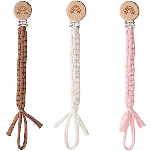 Pacifier Clip for Boys Girls Pacifier Holder Leash Boho Rainbow Wooden Clips Handmade Braided Cotton Unisex Baby Shower Birthday Gift Christmas Gift (White Light Pink Brown)