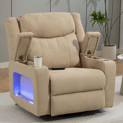 Power Swivel Rocker Recliner with Adjustable Headrest, Glider Recliner Nursery Chair with Massage and Heat, USB A&C Ports, Armrest Storage, Ambient Light
