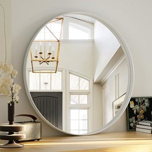 Round Bathroom Mirror 30 inch, Silver Gorgeous Deep Frame Round Wall Mirror, Modern Round Bathroom Vanity Mirror for Bedroom, Living Room, Hanging or Leaning, Silver