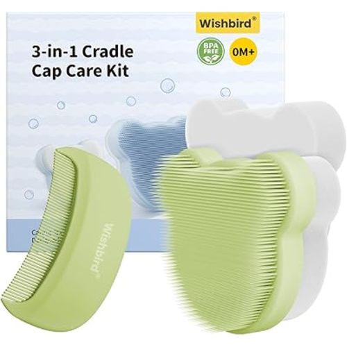 Cloud Baby Cradle Cap Brush Kit, 3-in-1 Baby Bath Brush Set for Newborns with Soft Brush, Curved Comb & Bath Sponge, BPA-Free, Easy to Use | Bath Essentials - Extra Sponge, Serene Green