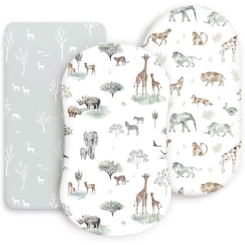 Ultra Soft Fitted Bassinet Sheets 3 Pack, Universal Fitted for.Baby Cradle Moses Basket Oval Rectangle Mattress Safe and Snug, Stylish Bassinet Mattress Sheets for Baby, Cute Animals Print
