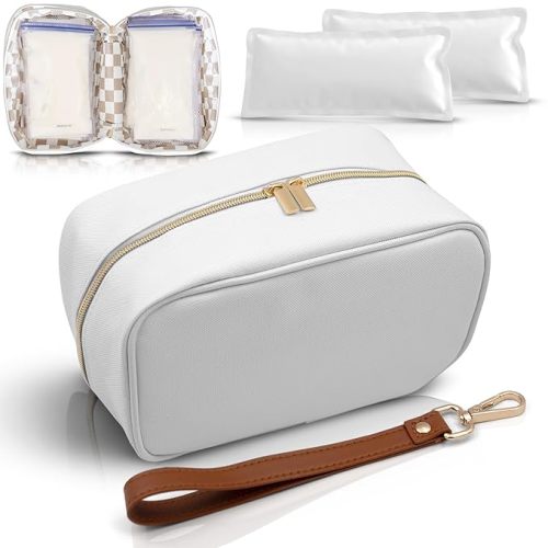 Breast Milk Cooler Travel Bag - Waterproof Breastmilk Storage Bag Cooler w/Ice Pack, Checkerboard Interior, Leather Strap, & More – Versatile Insulated Cooler Bag - Ideal Baby Travel Essentials - White