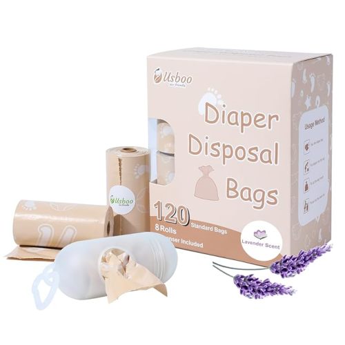 Diaper Bags Disposable for Baby, Biodegradeable Dirty Diaper Bags (8 Refill Rolls/120 Bags) with Dispenser | Leak Proof Diaper Trash Bags | Baby Poop Bags | Fresh Powder Scent