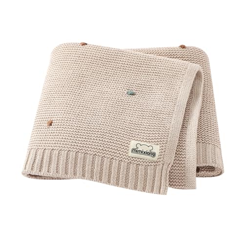 mimixiong Cotton Baby Blanket Gender Neutral Nursery Swaddling Blanket for Shower Gift Registry for Baby with Cute Pompoms Khaki