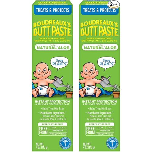 Boudreaux's Butt Paste with Natural* Aloe Diaper Rash Cream, Ointment for Baby, 4 oz Tube, 2 Pack