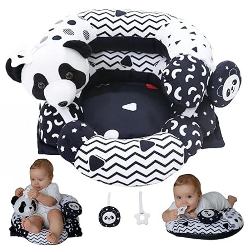 Aila+Aiden 2-in-1 Tummy Time Mat and Seated Support with Two Toys – for Newborns and Babies – Includes Detachable Cushion for Supervised Play & Head/Neck Development (Black/White)