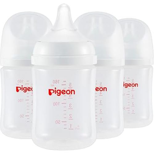 Pigeon PP Nursing Bottle Wide Neck, Streamlined Body, Natural Feel, Easy to Clean, 5.4 Oz (Pack of 4), Includes 4pcs SS Nipples (0m+)