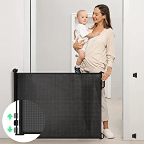 Momcozy Retractable Mesh Baby Gate or Dog Gate, Child Safety Gate for Indoor or Outdoor, 33-inches Tall with up to 55-inches Wide Extension, Avoid Skirting Installation, Black