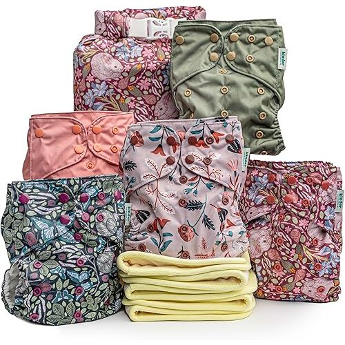Kinder Cloth Diapers Set of 5 Reusable Baby Diapers Pocket Style Athletic Wicking Jersey, Bamboo Viscose Inserts, Wet Bag, Newborn to Potty Training 7-60lbs, One Size (Garden Party)