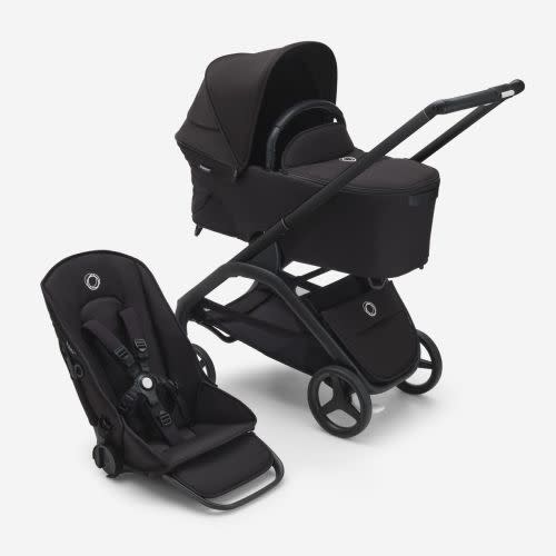 Bugaboo Dragonfly bassinet and seat stroller black base, midnight black fabrics, morning pink sun canopy