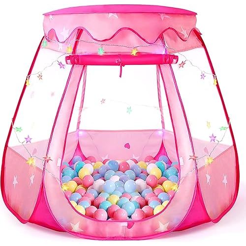 Pop Up Princess Tent with Colorful Star Lights for 1 2 3 Year Old Birthday Gift, 12-18 Months Baby Girl Toys, Foldable Ball Pit with Carrying Bag, Indoor&Outdoor Play Tent for Kids