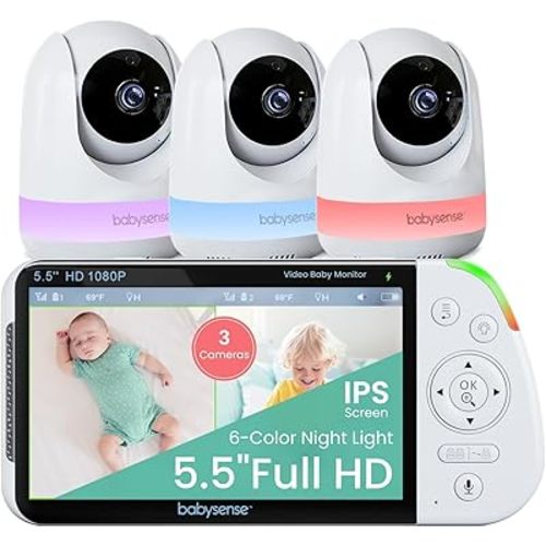 Babysense 5.5" Full-HD Split-Screen Baby Monitor, 1080p Video Baby Monitor with Camera and Audio, 3 Cameras with 6-Color RGB Night Light, 1000ft Range, Two-Way Audio, 4X Zoom, Large Battery