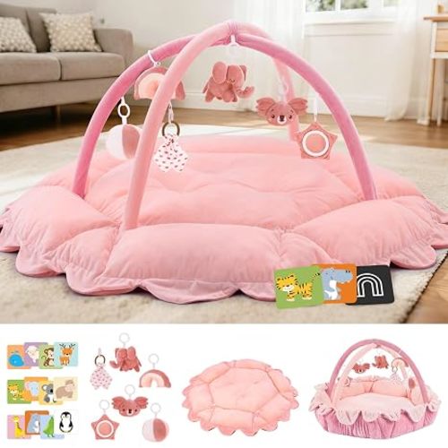 5-in-1 Baby Activity Gym & Play Mat with 6 Hanging Toys, Tummy Time Mat & Cards - Extra Large, Reversible Machine Washable Pad - Gift for Newborns, Infants 0-12 Months, Light Pink