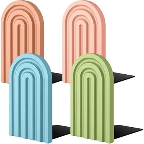 Harloon 4 Pieces Boho Arch Wood Bookends Rainbow Arch Back to School Gift Ideas Non Skid Bookend Decorative Wooden Book Stand Book Stoppers for Books Movies CDs(Bright Color)