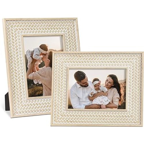 takfot Boho Picture Frames 5x7 Family Picture Frame 2 Pack, Bohemian Rattan Decor Farmhouse Wood Frames for Wall Mount or TableTop Mothers Day Gifts for Mom Grandma Women Family