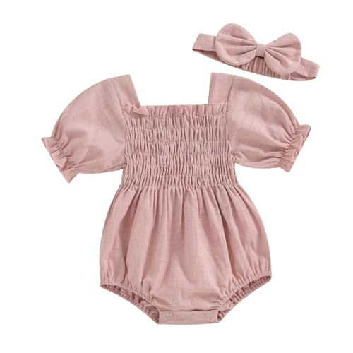 MERSARIPHY Baby Summer Clothes Newborn Infant Girl Smocked Pleated Romper Bubble Short Sleeve Bodysuit Outfits