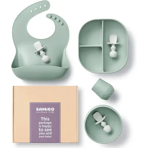 SAMiGO Silicone Baby Feeding Set, Baby Led Weaning Supplies, Suction Bowl Plate Bib Cup Self Feeding Spoons, Solid Food Eating Essentials, First Stage Utensils, 6+ Months