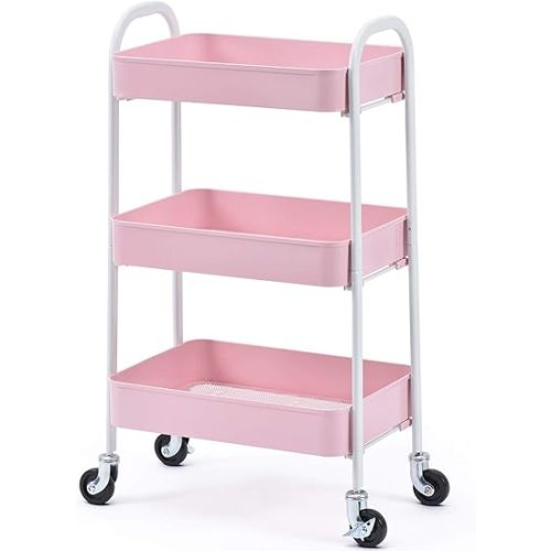 TOOLF Metal Utility Cart No Screw, 3-Tier Easy Assemble Utility Serving Cart, Sturdy Storage Trolley with Handles & Lockable Wheels for Kitchen Garage Bedroom Bathroom, Light Pink