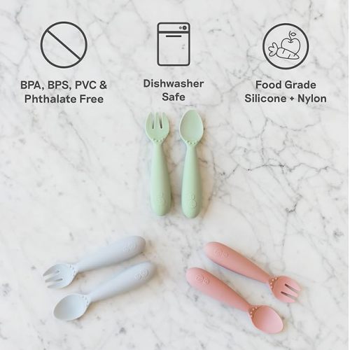 ezpz Mini Utensils - 12 Months+ (Fork & Spoon in Sage) - 100% BPA Free Fork and Spoon - Toddler Utensils - Designed by a Pediatric Feeding Specialist