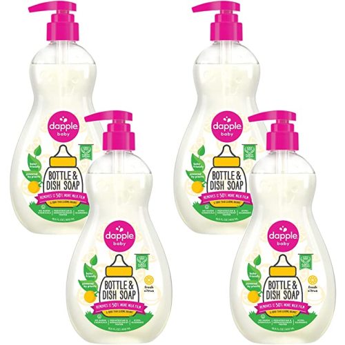 Dapple Baby Fresh Citrus Bottle & Dish Soap - (4 Pack) 16.9 fl oz - Cleans Baby Bottles, Sippy Cups, Pacifiers, Breast Pumps, & More - Gently Removes Milk Film & Odors - Includes 1 Pump