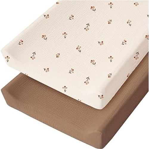 Konssy 2 Pack Muslin Changing Pad Cover for Baby Girls Boys 100% Cotton Fitted Diaper Changing Table Cover Set, Soft Changing Pad Sheets (Brown, Berry)