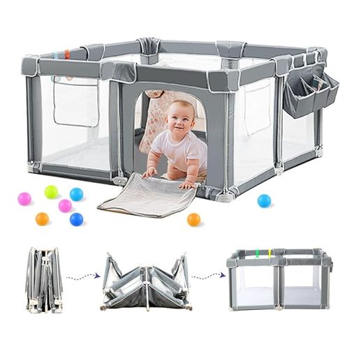 Foldable Baby Playpen 50"x50" with Mat, Out-of-The-Box Ready Playpen for Babies and Toddlers, Portable Play Yard with Breathable Mesh & Gates, Storage Bag & 4 Handlers for Indoor & Outdoor