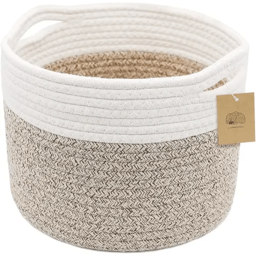 Small Rope Basket Round Woven Basket With Handle 9.5x9.5x7.1 in Cute Cotton Nursery Shelf Storage Basket Stitching Brown Beige Mixed Design Style 8.2L