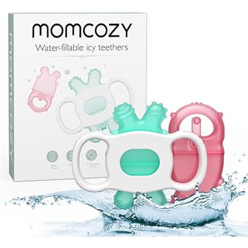 Momcozy Baby Teether Toys, Water Fillable Teether Silicone Cold Teether, Baby Teething Toys Chill Teether, Baby Water Teether for Teething Relief 0-12 Months, Green and Pink 2 Pcs