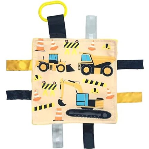 Baby Jack & Co 8x8” Construction Lovey Tag Toy for Babies - Baby Crinkle Toy - Soft & Safe - Learn Shapes & Colors - Ideal Baby Toy - BPA Free w/Stroller Clip