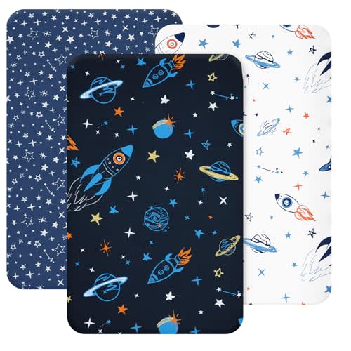 david's kids 3 Pack Mini Crib Sheets, Soft Breathable Premium Pack N Play Sheets for Baby Boys Girls Neutral, Playard and Mini Crib Mattresses, Space