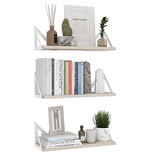 Wallniture Minori Floating Shelves for Wall Storage, Floating Bookshelf Set of 3, Bathroom and Kitchen Organizer Natural Wood Wall Shelves with White Brackets