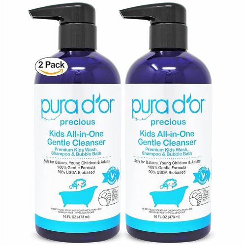 PURA D'OR Kids Wash (16oz x 2 = 32oz) All-in-One Gentle Cleanser - USDA Biobased, Sulfate-Free, Tear-Less, Hypoallergenic, Premium, Shampoo & Bubble Bath - 16 Fl Oz (Pack of 2)