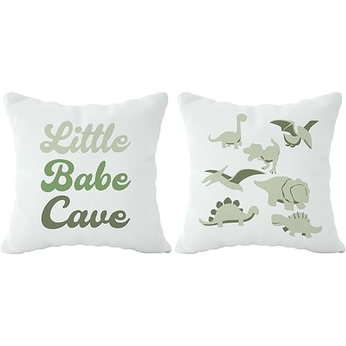 Toddler Dinosaur Pillow Covers 18x18 Inch Set of 2, Green Dinosaur Pillow Cases, Kids Baby Boy Nursery Playroom Decor, Dinosaur Nursery Little Babe Cave Pillows Decorative Throw Pillows Cover