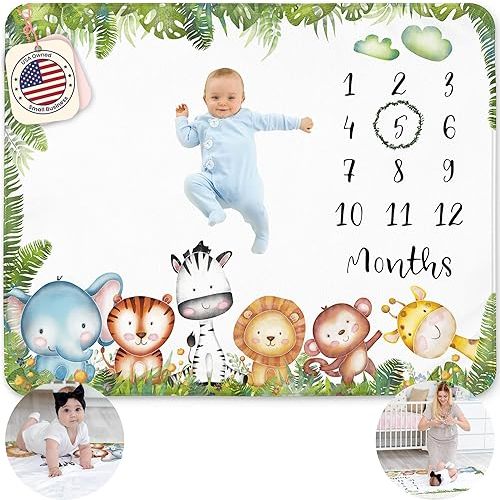 Baby Milestone Blanket for Boy, Monthly Milestone Safari Baby Blanket for Boys, Milestone Blanket Animals Theme, Baby Milestone Blanket for Baby Boy Includes Wreath, 50”x40”