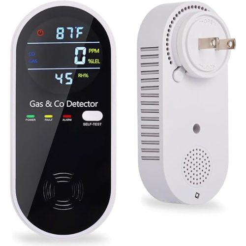 Plug in Carbon Monoxide and Natural Gas Detector, Combination Gas & Carbon Monoxide Detectors for Travel with Temperature Humidity Display, 4 in 1 CO and Gas Detector for Home/Travel(1 Pack)