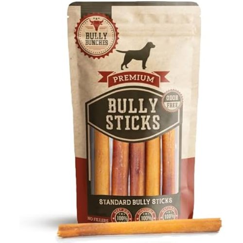 Bully Bunches Premium 6 Inch Standard Odor-Free Bully Sticks for Small to Medium Dogs & Puppies - Long Lasting Chews for Oral Care - All Natural, 100% Beef Dog Treats, Rawhide Free (5 Pack)