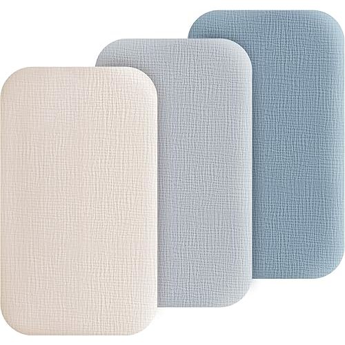 Muslin Bedside Sleeper Bassinet Fitted Sheets, 3 Pack Cotton Baby Sheet for Boys & Girls, Soft, Compatible with Baby Delight, Dream On Me, AMKE and Other Rectangle Mattress (Blue)