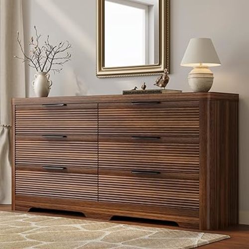 FUSUNBAO Fluted 6 Drawer Dresser, Modern Wood Dresser for Bedroom,TV Stand,Thickened Curved Profile Design,Bedroom,Entryway,Wood Drawer Organizer (Dark Walnut)