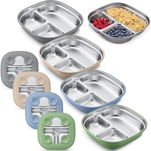 Geiserailie Square Stainless Steel Toddler Plates with Suction – 7.68” Divided Plates with Removable BPA-Free Silicone Sleeves, Unbreakable Baby Feeding Dishes Set of 4(Blue,Green,Beige,Gray)
