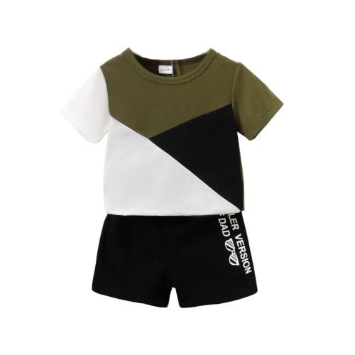 Infant Toddler Boy Summer Outfit Sets Color Block Army Green Basic T-shirt and Shorts
