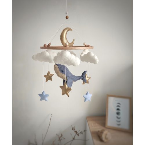 Blue whale baby mobile Whale nursery decor Moon clouds decor