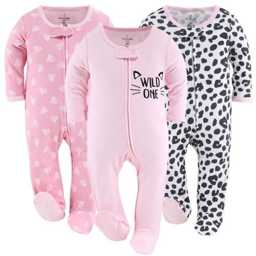 The Peanutshell Footed Baby Sleepers For Girls, Cheetah & Pink Hearts, 3-pack, 3 To 6 Months